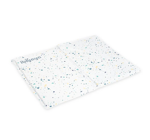 Terrazzo-patterned mat with 'Ibiyaya' branding on a white background
